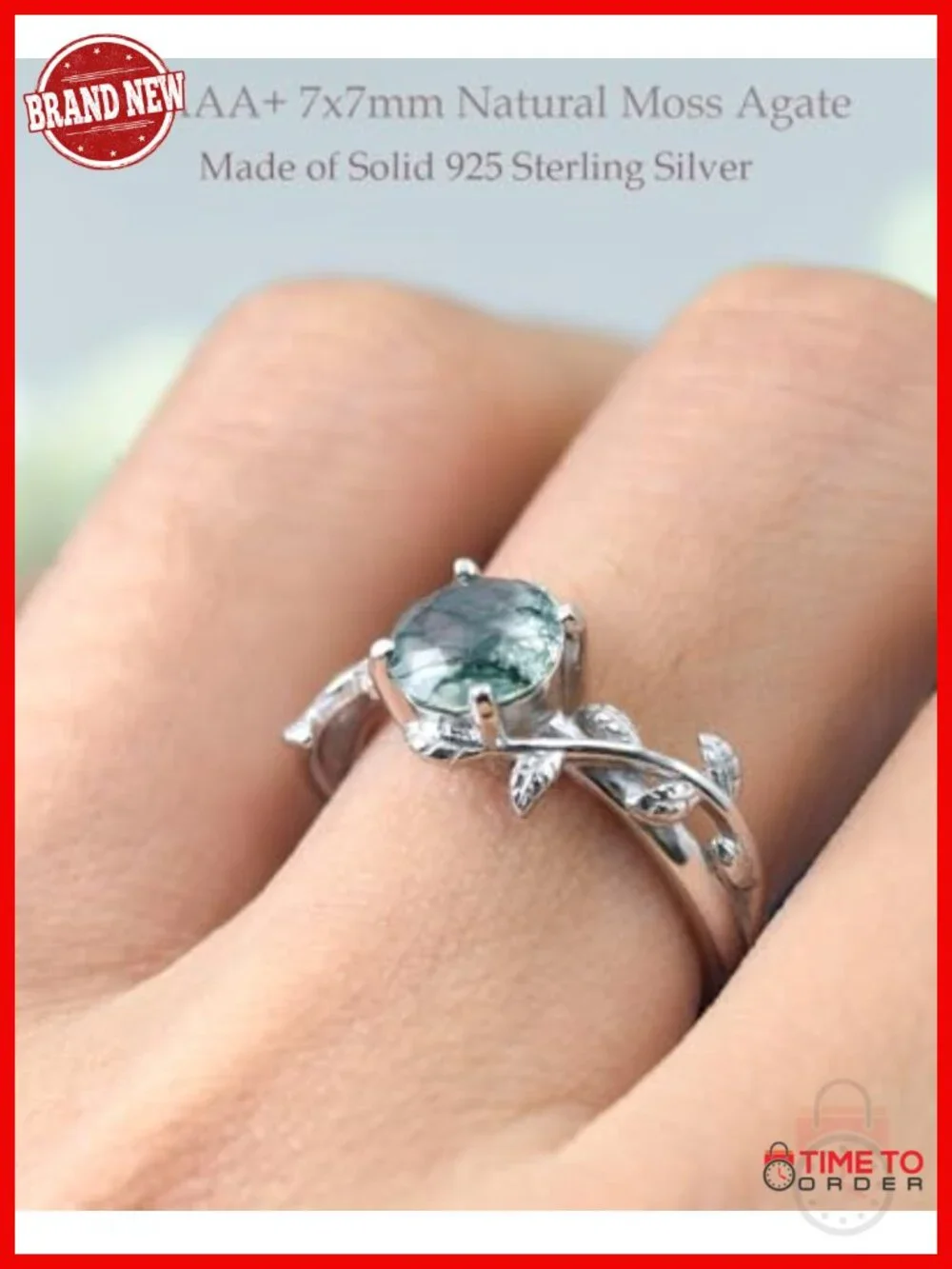 925 Sterling Silver Natural Moss Agate Ring Promise Engagement Wedding Gift